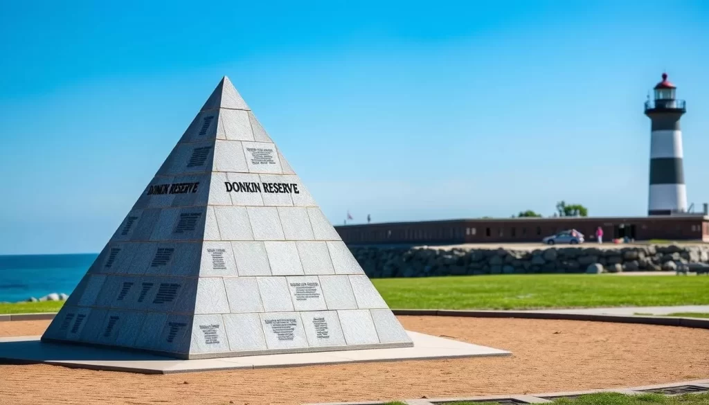 Image of the Donkin Reserve with the pyramid-shaped memorial and lighthouse in the background