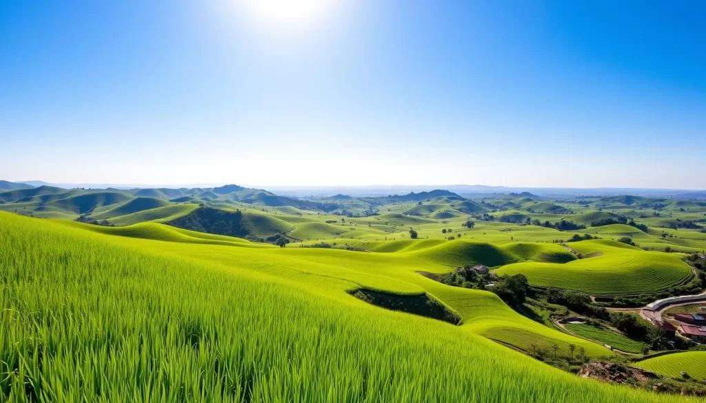 Image of the East Rift Valley's lush rice fields and rolling hills