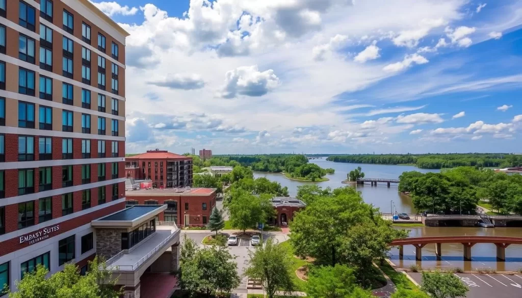 Image of the Embassy Suites in downtown Tuscaloosa with a river view
