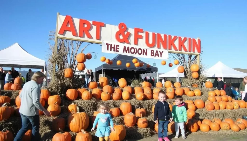 Image of the Half Moon Bay Art & Pumpkin Festival with pumpkin displays and families enjoying the event