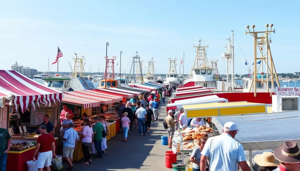 Image of the Hampton Seafood Festival with seafood vendors and fishing boats.