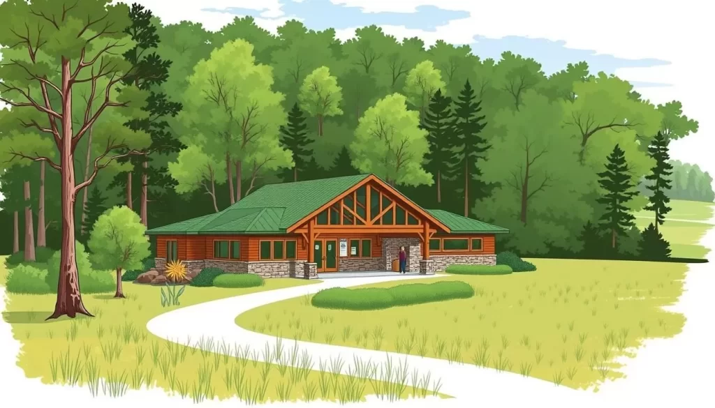 Image of the Harry C. Barnes Memorial Nature Center's interpretive center surrounded by 70 acres of forest and fields.
