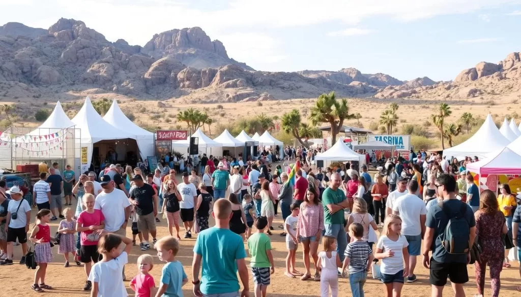 Image of the Joshua Tree Music Festival grounds with families enjoying the activities