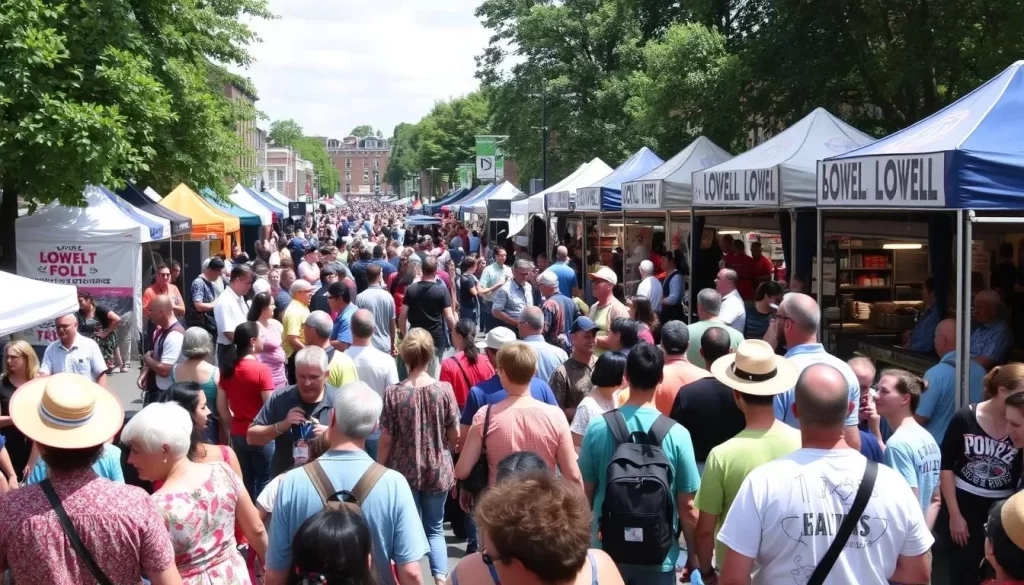 Image of the Lowell Folk Festival grounds with diverse cultural performances and food stalls