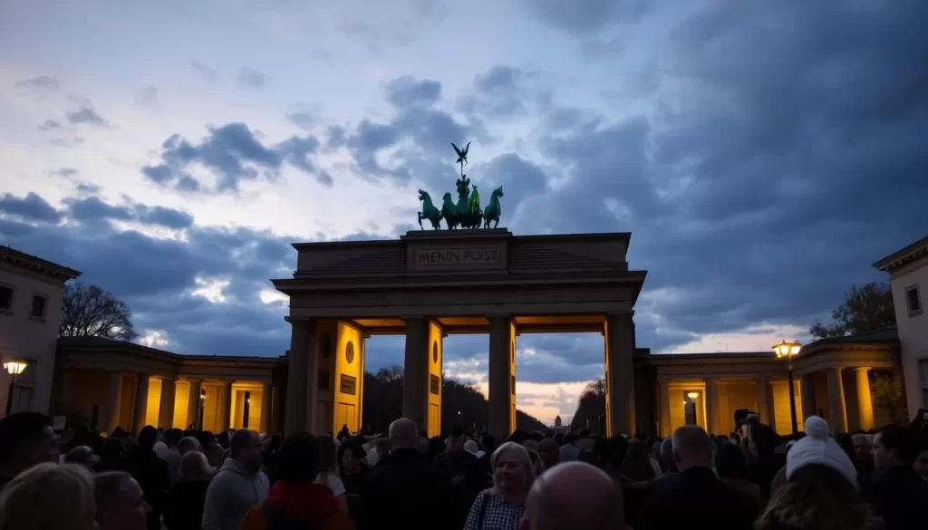 Image of the Menin Gate at dusk with a crowd gathered for the Last Post Ceremony