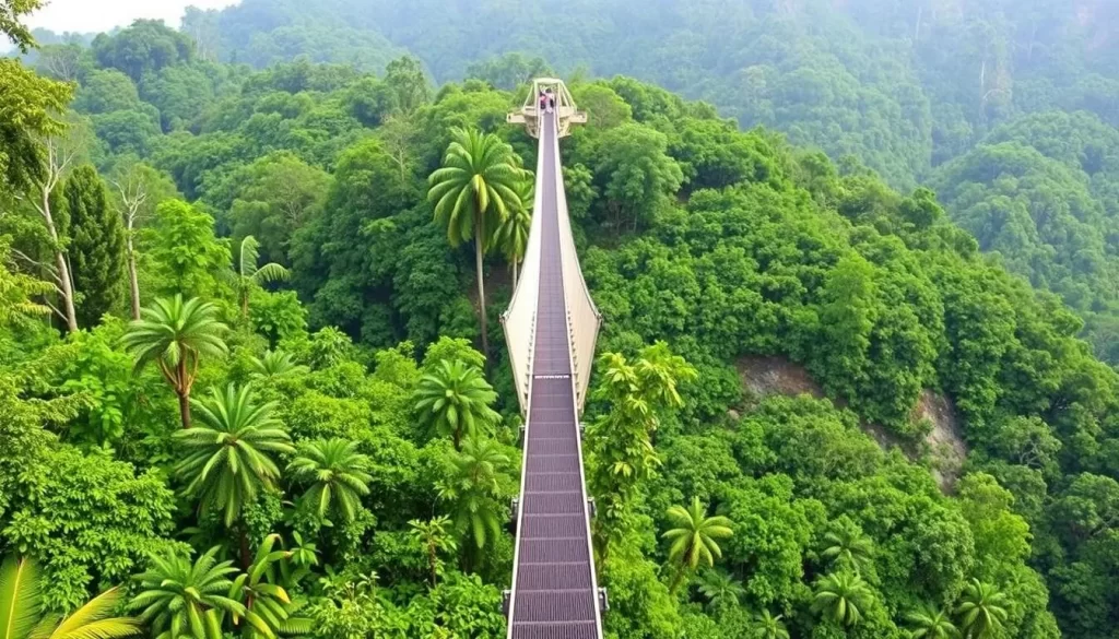 Image of the Mulu Canopy Skywalk with lush rainforest in the background