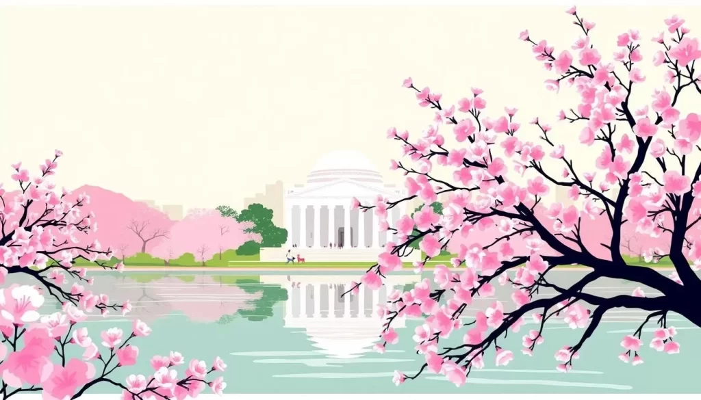 Image of the National Cherry Blossom Festival with cherry blossoms in bloom around the Tidal Basin