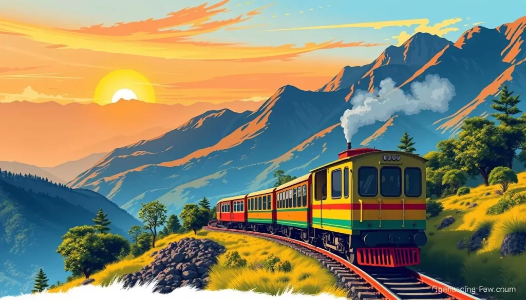 Image of the Nilgiri Mountain Railway toy train chugging along the tracks with the Nilgiris mountains in the background.