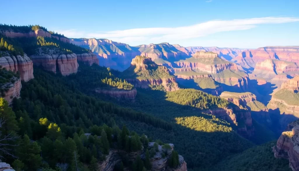 Image of the North Rim of Grand Canyon National Park, showcasing its lush forests and serene atmosphere.