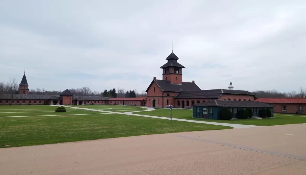 Image of the State Museum at Majdanek, with its vast grounds and historical structures