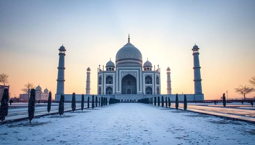 Image of the Taj Mahal during a serene winter morning