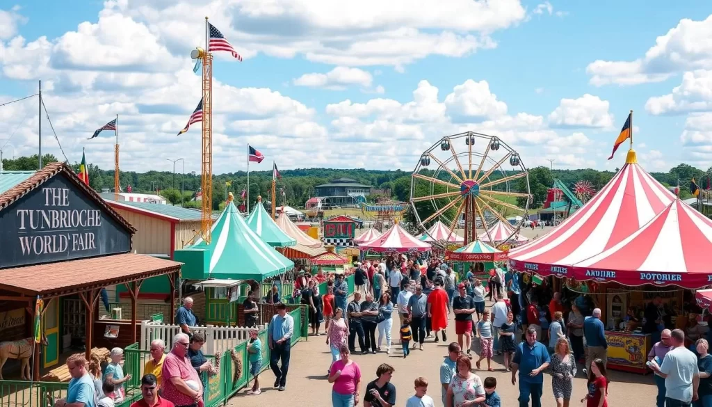 Image of the Tunbridge World's Fair with animal exhibits and fair rides