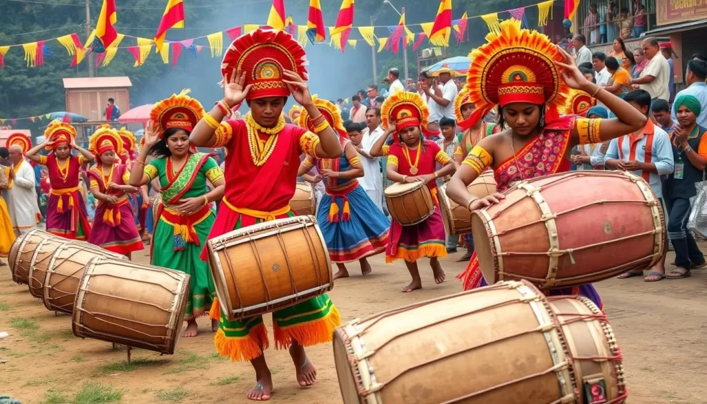 Image of the Wangala Festival celebration in Meghalaya, showcasing traditional dances and the iconic 100 drums.