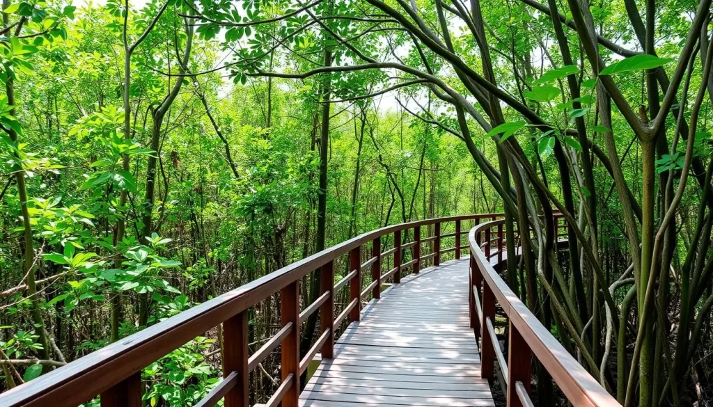 Image of the elevated wooden walkway through the Pranburi Mangrove Forest