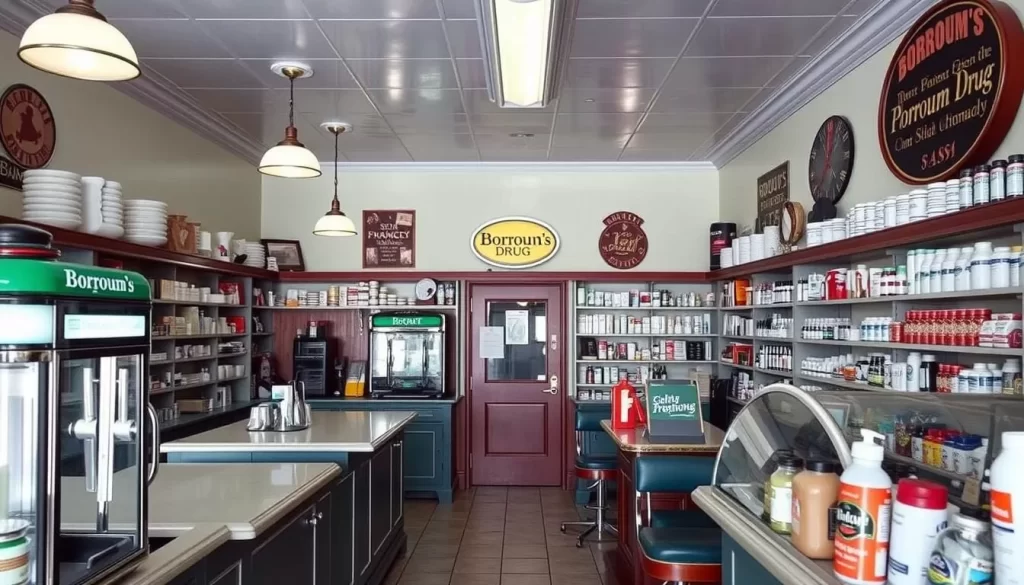 Image of the historic Borroum's Drug Store with its classic pharmacy setup and soda fountain