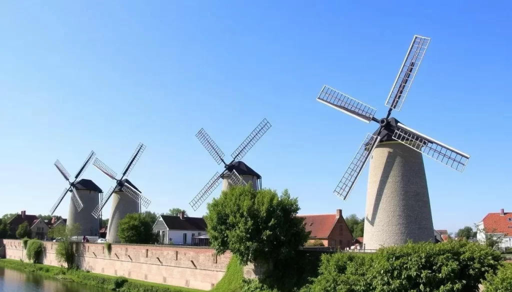 Image of the historic windmills along the eastern ramparts of Bruges