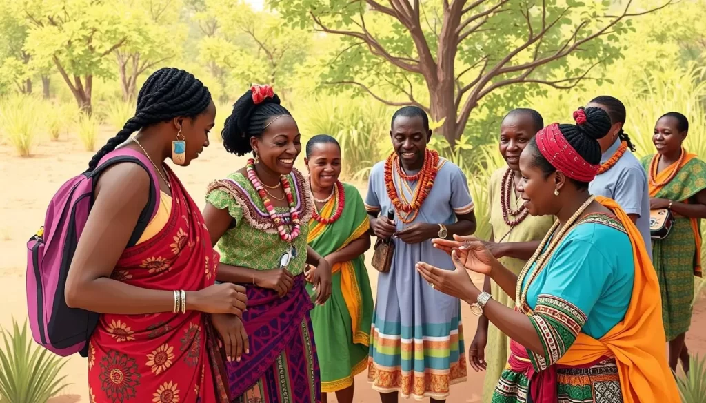 Image of tourists engaging in a cultural activity with the Tharaka community, showcasing traditional dance and music.