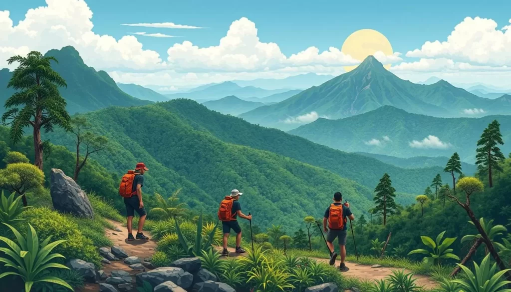 Image of trekkers ascending through the diverse ecosystems of Gunung Mulu National Park towards the summit