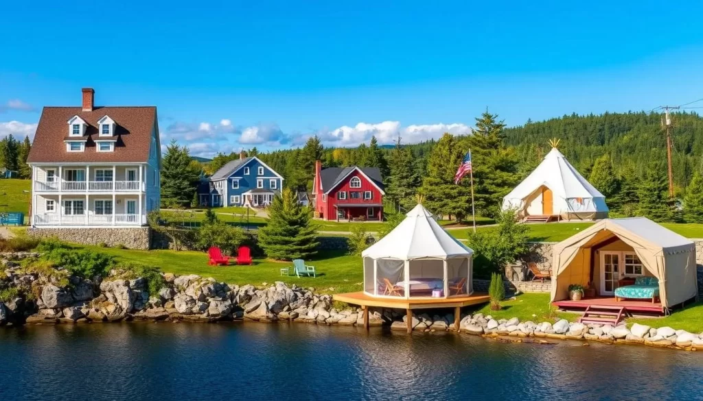 Image of various accommodations in Bar Harbor, including hotels, campgrounds, and glamping options.