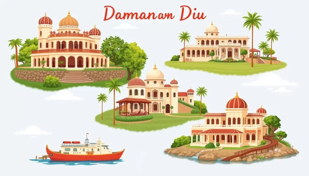 Image of various accommodations in Daman and Diu, including hotels, resorts, and guesthouses.