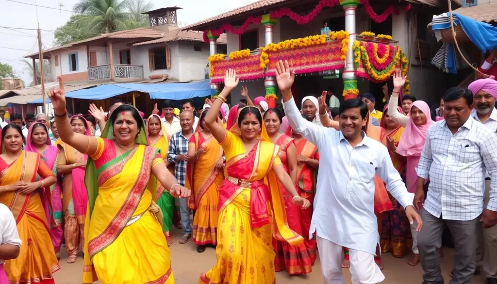 Image of villagers celebrating Sohrai with traditional dances and decorated homes