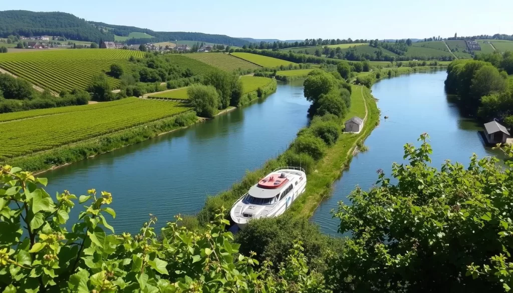 Image of vineyards along the Moselle River, with a boat passing through