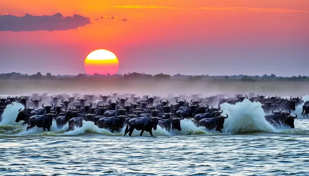 Image of wildebeest crossing the Mara River