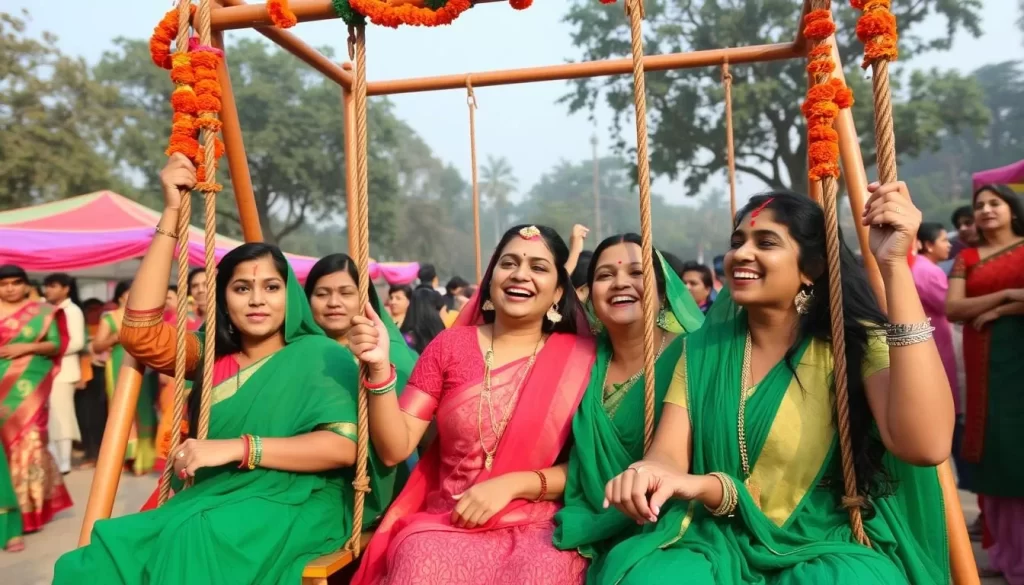 Image of women celebrating Teej Festival in Chandigarh with swings and green attire