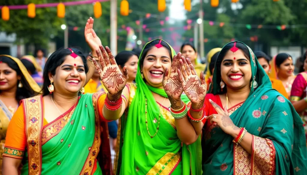 Image of women celebrating Teej festival with traditional attire and henna