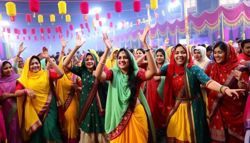 Image of women in traditional Punjabi attire celebrating Teeyan with folk dances and vibrant gatherings