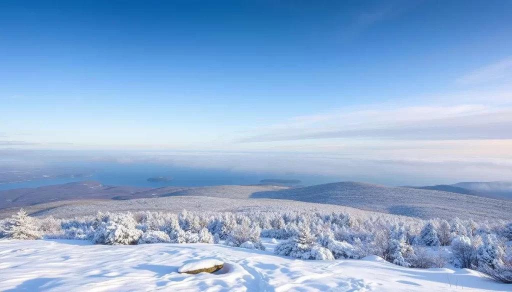 Imagine Acadia National Park in a snow-covered landscape, serene and peaceful.