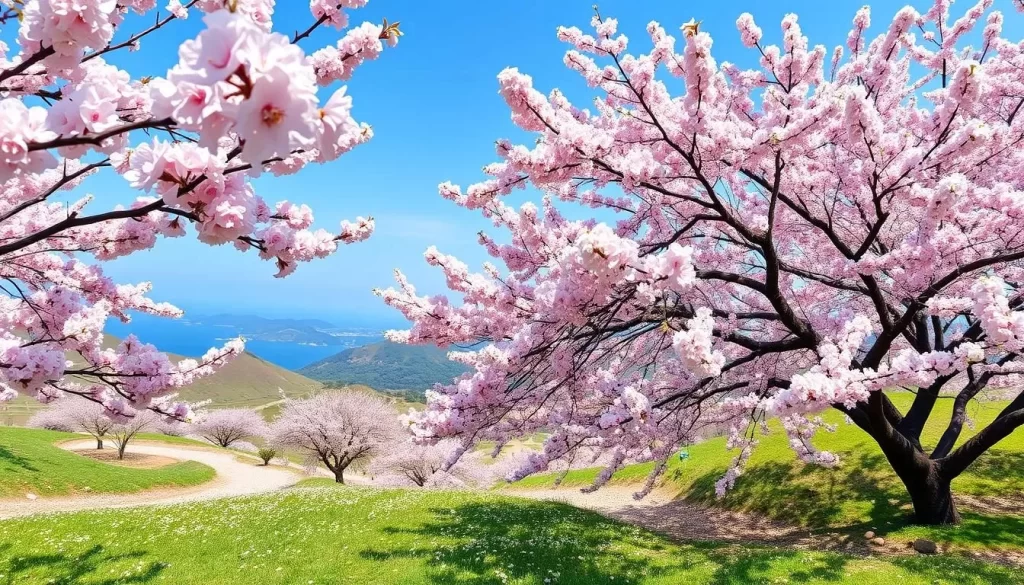 Imagine Jeju Island in spring, with cherry blossoms blooming across the landscape.