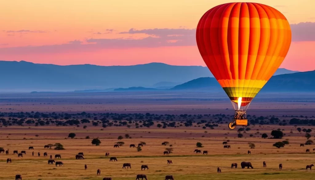 Imagine a hot air balloon soaring above the savannah of South Island National Park, Kenya, with the sunrise in the background.