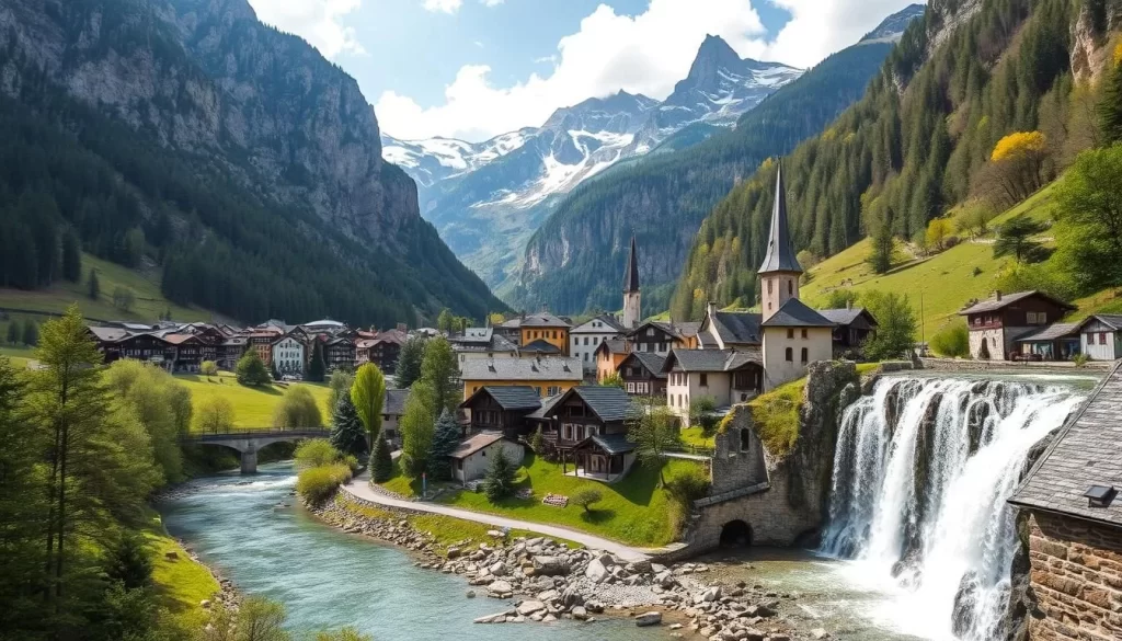 Imagine a picturesque Austrian town nestled in a valley, surrounded by majestic mountains and a cascading waterfall.