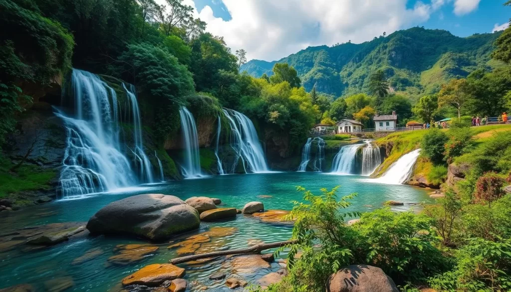 Imagine a serene escape into nature, featuring stunning waterfalls and lush landscapes.