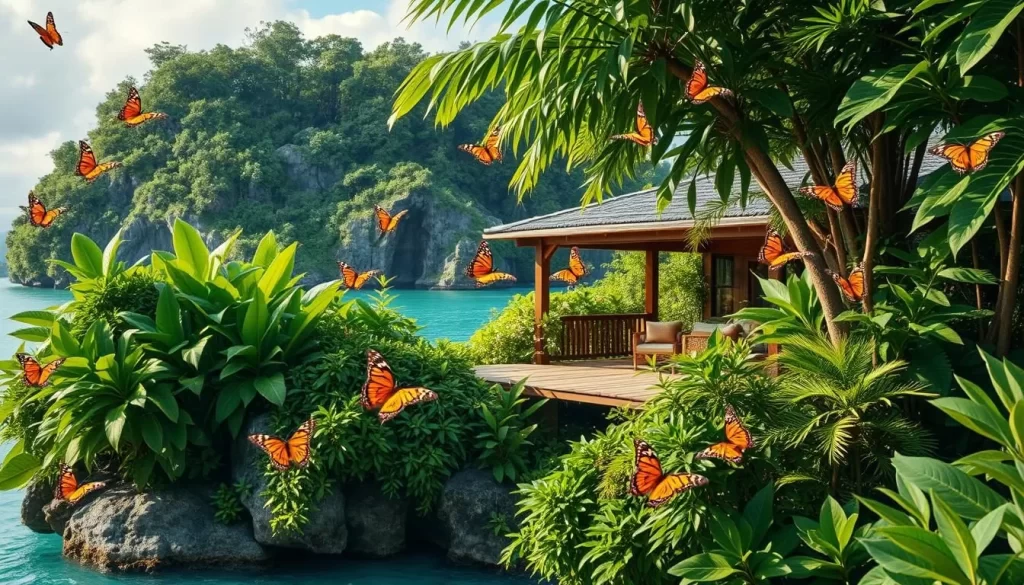 Imagine a serene island getaway with lush greenery and vibrant butterflies.