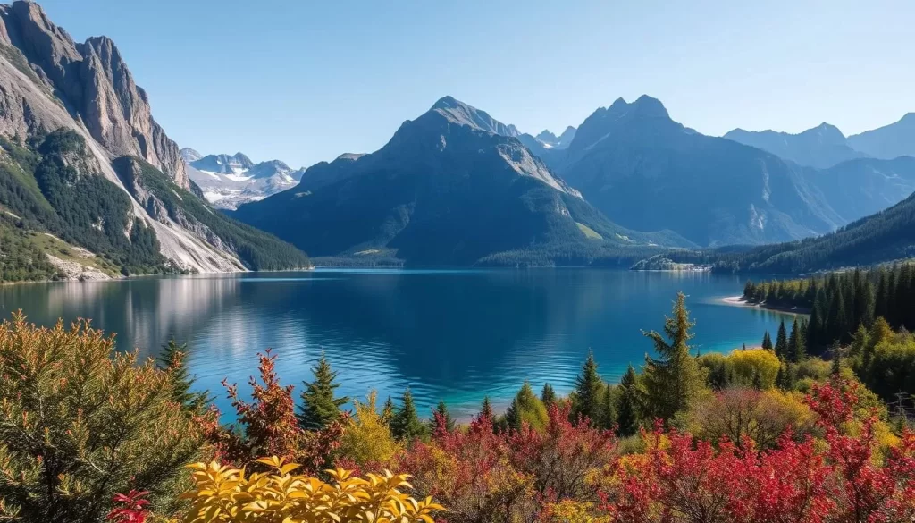 Imagine a serene lake surrounded by majestic mountains and lush greenery.