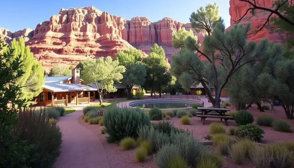Imagine a serene, sun-dappled scene of Snow Canyon State Park's facilities. In the foreground, a well-maintained trail leads visitors towards a cluster of rustic, earth-toned buildings nestled amidst lush vegetation. The structures feature inviting porches, metal roofs, and blend seamlessly with the surrounding red rock formations. In the middle ground, a tranquil picnic area with wooden tables and benches overlooks a shimmering pond, framed by tall, swaying trees. The background showcases the park's iconic sandstone cliffs, their warm hues illuminated by soft, natural lighting. Convey a sense of peaceful serenity and easy accessibility, highlighting the practical amenities that enhance the visitor experience in this stunning natural setting.