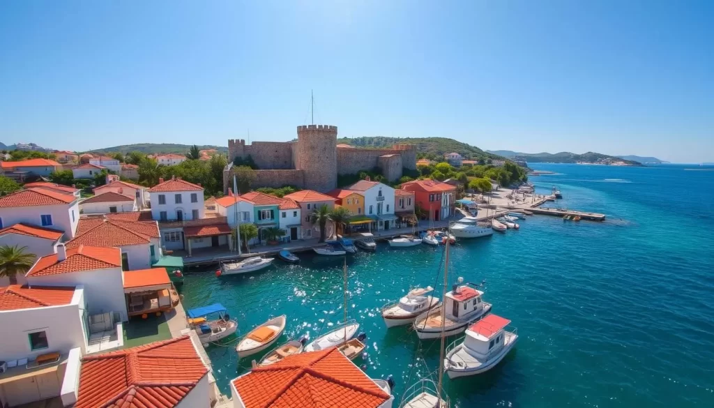 Imagine a sun-dappled harbor on the charming Bozcaada Island, Turkey. Capture the vibrant colors of traditional whitewashed buildings, their red-tiled roofs contrasting against the sparkling turquoise waters of the Aegean Sea. Showcase the historic Bozcaada Castle, its sturdy stone walls standing guard over the quaint fishing boats docked below. Highlight the lush greenery of olive groves and vineyards that dot the landscape, hinting at the island's thriving agricultural heritage. Utilize a wide-angle lens to convey a sense of depth and grandeur, with the sun casting a warm, golden glow over the entire scene. Imbue the image with a mood of tranquility and natural beauty, inviting the viewer to imagine themselves strolling the island's picturesque streets.
