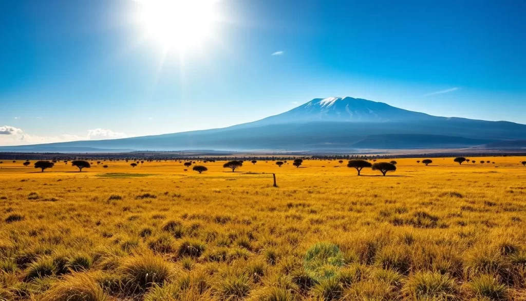 Imagine a vast expanse of rolling sun-bleached grasslands, dotted with acacia trees, and a backdrop of the glinting glaciers of Mt. Kenya.