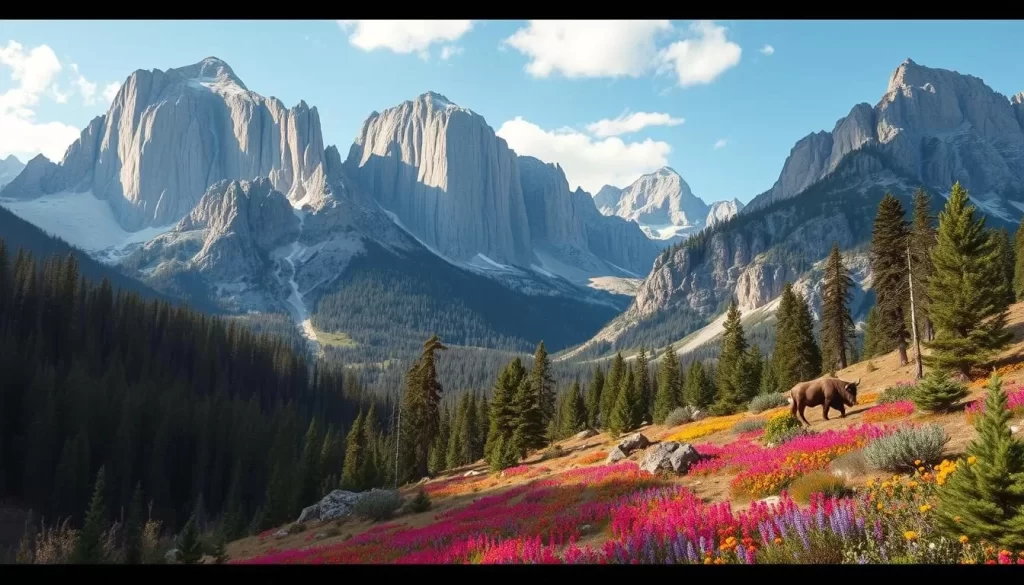 Imagine hiking through a landscape of granite mountains, forests, and wildflowers, with the possibility of spotting wildlife like bison, elk, and deer.