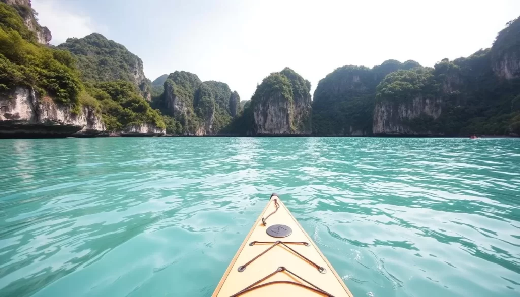 Imagine paddling through the crystal-clear waters of Railay Beach, surrounded by towering limestone cliffs and lush greenery.