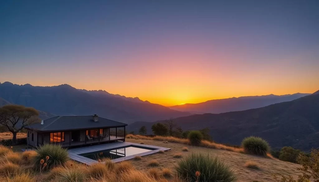 Imagine waking up to breathtaking views of the Drakensberg mountains. Create an image of your ideal accommodation in Royal Natal National Park.