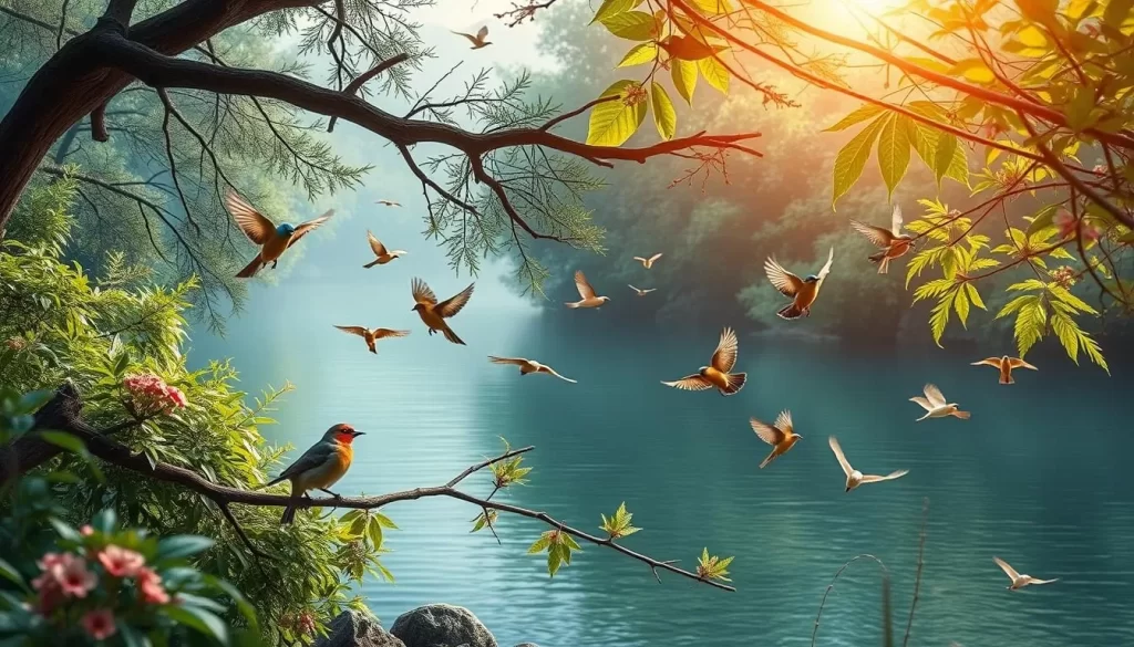 Imagine yourself surrounded by the serene beauty of nature, with birds chirping and fluttering around you.