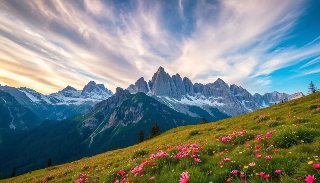 Kaçkar Dağları, a majestic mountain range in northeastern Turkey, showcasing a seasonal landscape of breathtaking beauty. In the foreground, a lush alpine meadow carpeted with vibrant wildflowers, their petals gently swaying in the cool breeze. Towering peaks, capped with pristine snow, rise majestically in the middle ground, their rugged slopes dotted with evergreen forests. The sky, a radiant tapestry of azure and wispy clouds, bathes the scene in a warm, golden light, creating a serene and tranquil atmosphere. The overall mood is one of tranquility and wonder, inviting the viewer to immerse themselves in the natural splendor of this enchanting Turkish national park.