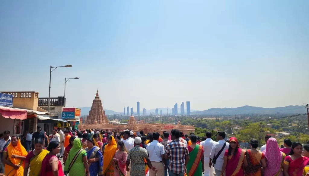 Karnataka linguistic diversity: A vibrant tapestry of dialects and mother tongues, woven together in a harmonious symphony. Capture the bustling streets of Bengaluru, where the sounds of Kannada, Telugu, Tamil, Urdu, and countless other languages intermingle, creating a rich, multicultural atmosphere. Beneath a clear, azure sky, depict the colorful saris and kurtas of the locals, their animated conversations punctuated by expressive hand gestures. In the middle ground, showcase the architectural marvels of Karnataka, where ancient temples and modern skyscrapers stand as testaments to the state's diverse heritage. In the background, rolling hills and verdant landscapes offer a serene contrast, hinting at the linguistic diversity that thrives in the rural pockets of this vibrant state.