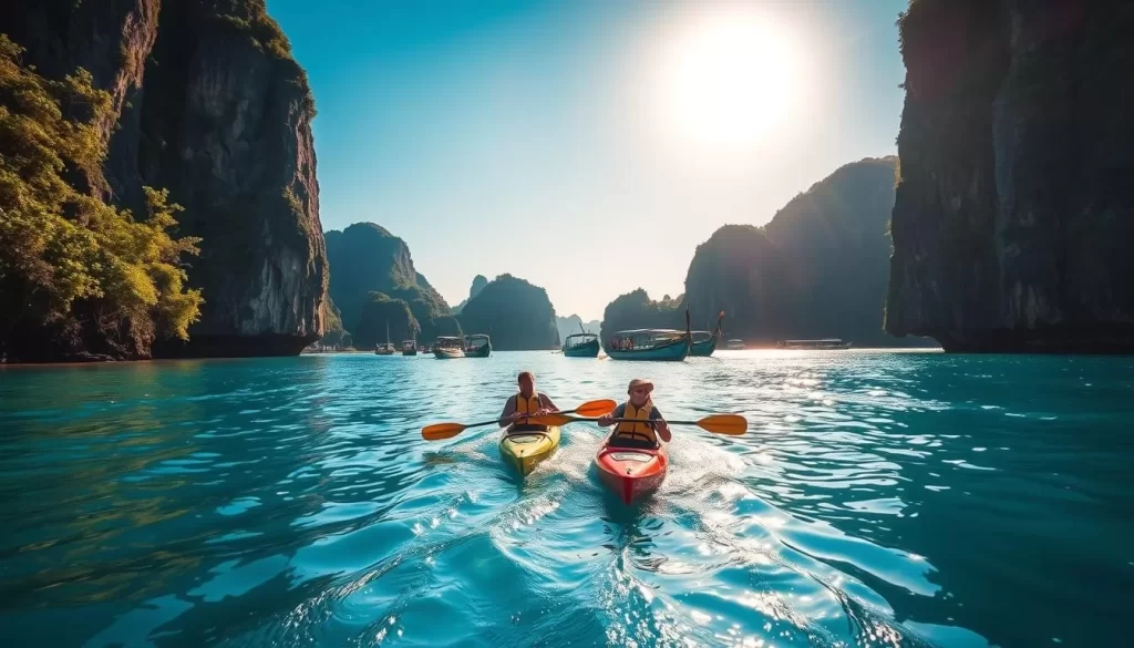 Kayakers gliding through the serene waters of Koh Yao Noi, surrounded by towering limestone cliffs and lush, verdant foliage. The sun casts a warm glow, illuminating the vibrant blue-green hues of the Andaman Sea. In the foreground, a pair of kayakers navigate skillfully, their paddles rhythmically slicing through the gentle waves. In the middle ground, the shoreline is dotted with traditional Thai longtail boats, while the distant horizon is framed by the silhouettes of nearby islands. The overall scene conveys a sense of tranquility and adventure, perfectly capturing the essence of outdoor activities and adventures on this picturesque Thai island.