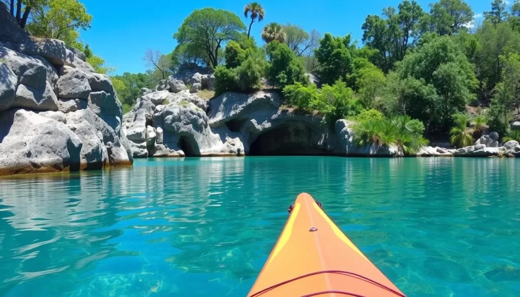 Kayaking through the serene waters to Blue Heart Springs, a natural wonder with crystal-clear waters.