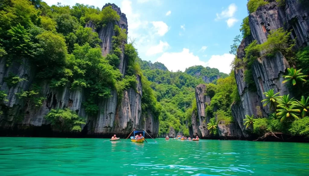 Kilim Karst Geoforest Park tour in Langkawi, Malaysia, showcasing mangrove forests and limestone formations.
