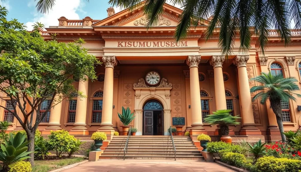 Kisumu Museum, a captivating cultural landmark nestled in the vibrant city of Kisumu, Kenya. Capture its grand architectural facade, adorned with intricate details and local motifs. Depict the museum's lush, verdant gardens, filled with indigenous flora, creating a serene and inviting atmosphere. Showcase the museum's imposing entrance, framed by towering columns and a majestic doorway, inviting visitors to explore the rich heritage within. Use warm, natural lighting to highlight the museum's earthy tones and traditional design elements, conveying a sense of cultural authenticity. Render the scene with a crisp, high-resolution lens, ensuring the museum's captivating details and the surrounding environment are vividly portrayed.